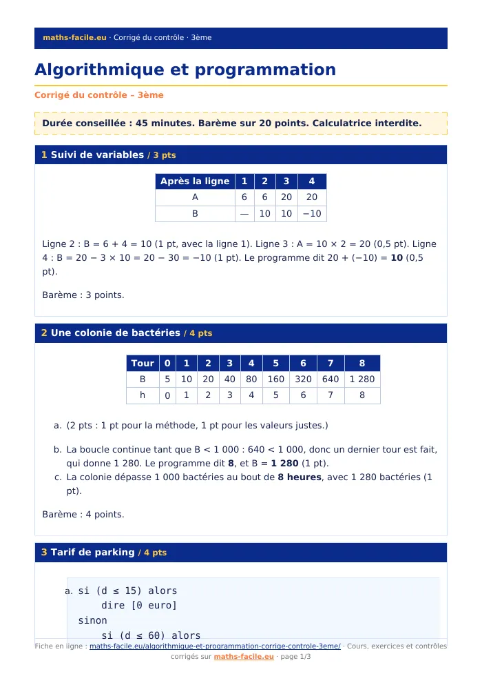 Fiche PDF : Algorithmique et programmation (3ème)