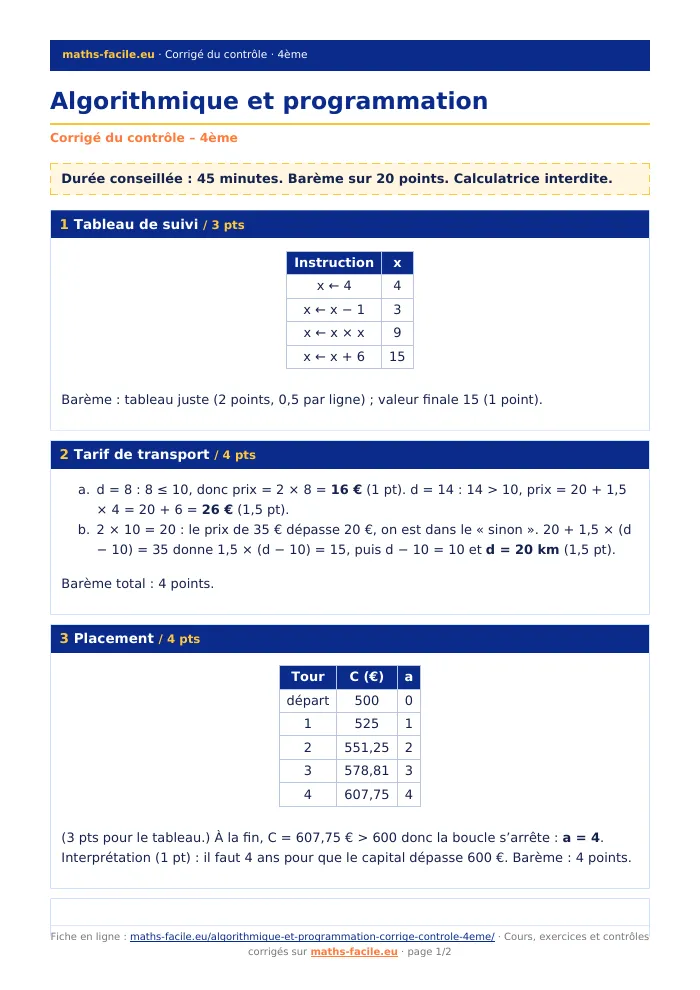 Fiche PDF : Algorithmique et programmation (4ème)
