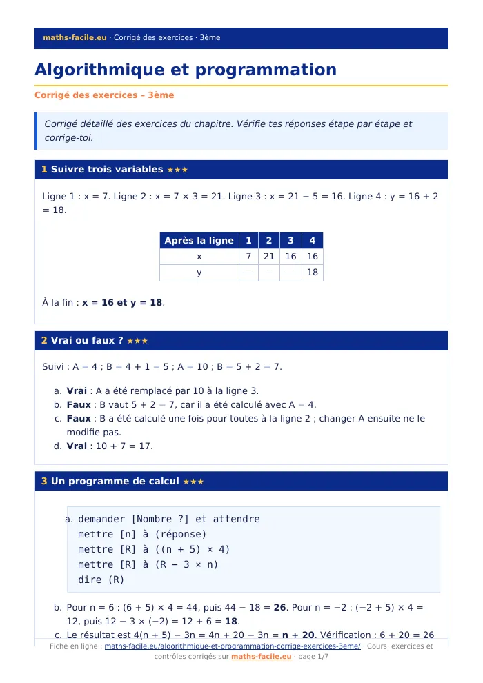 Fiche PDF : Algorithmique et programmation (3ème)