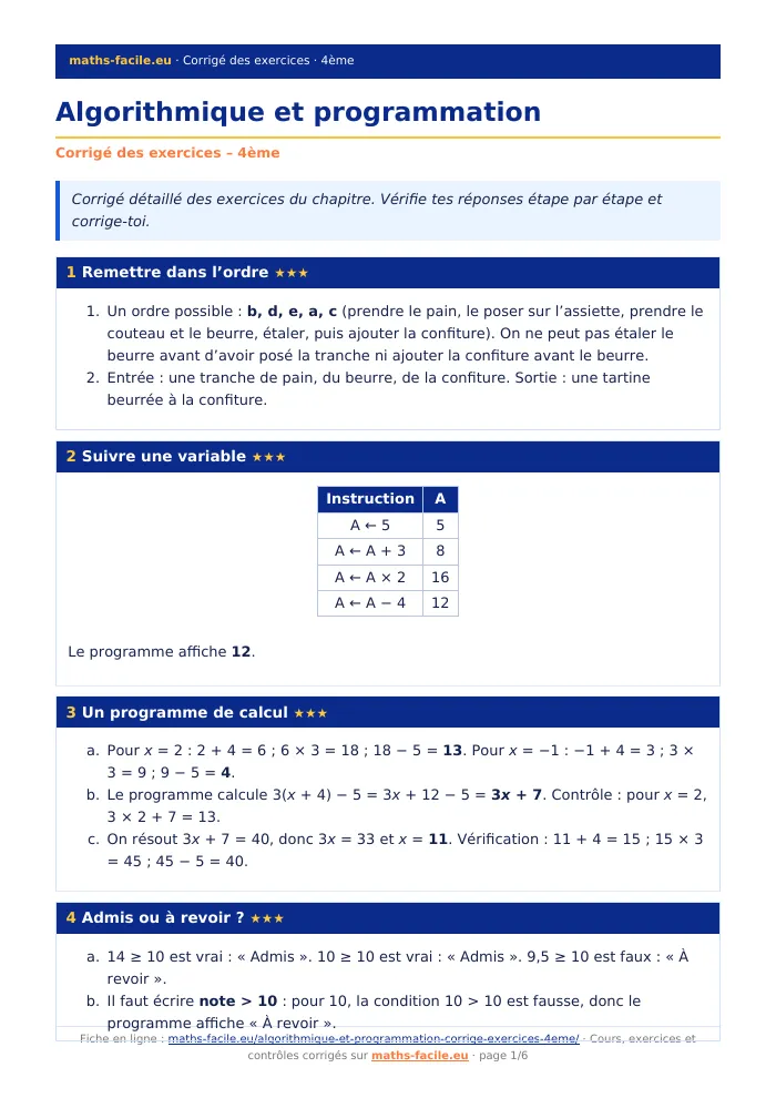 Fiche PDF : Algorithmique et programmation (4ème)