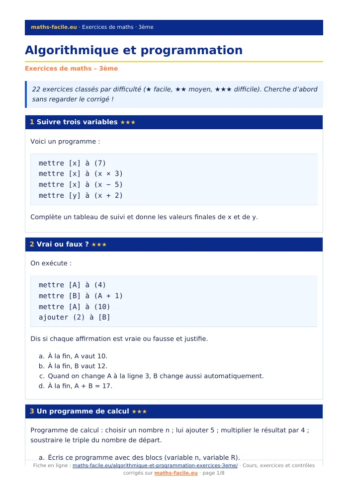Fiche PDF : Algorithmique et programmation (3ème)