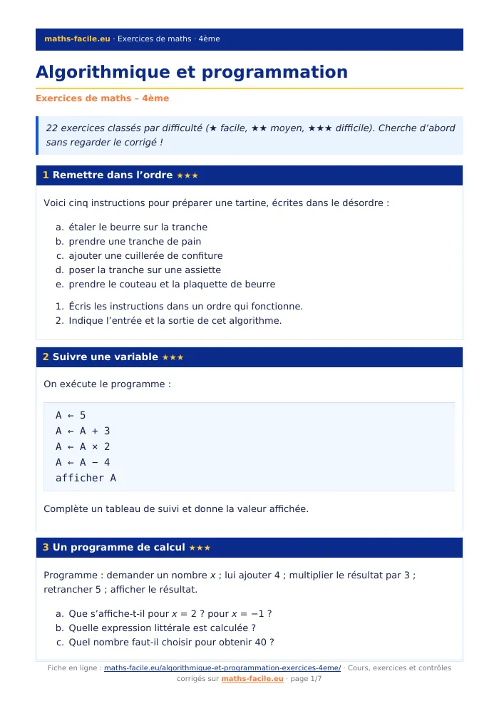 Fiche PDF : Algorithmique et programmation (4ème)