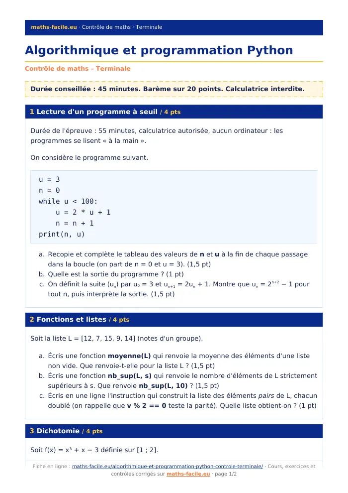 Fiche PDF : Algorithmique et programmation Python (Terminale)