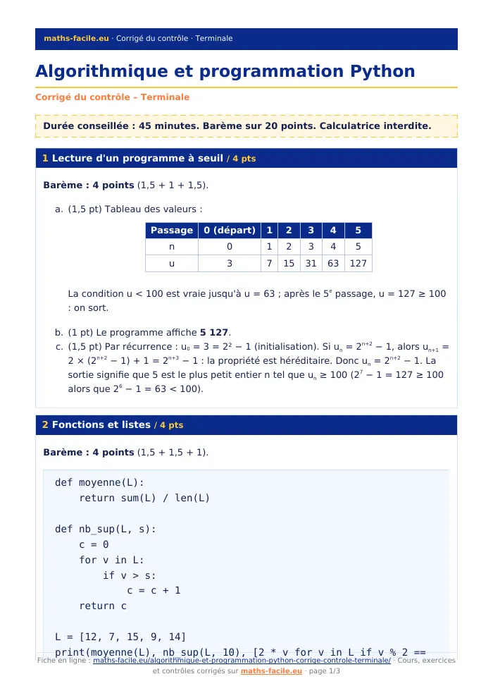 Fiche PDF : Algorithmique et programmation Python (Terminale)