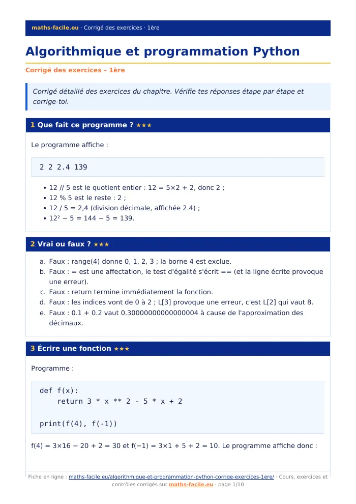 Fiche PDF : Algorithmique et programmation Python (1ère)