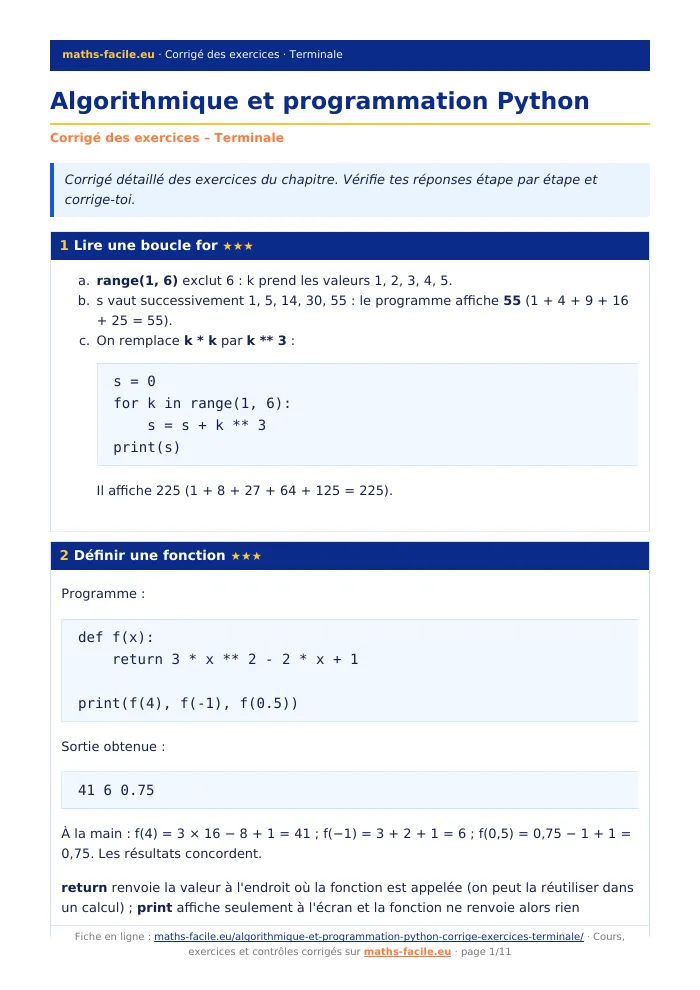 Fiche PDF : Algorithmique et programmation Python (Terminale)