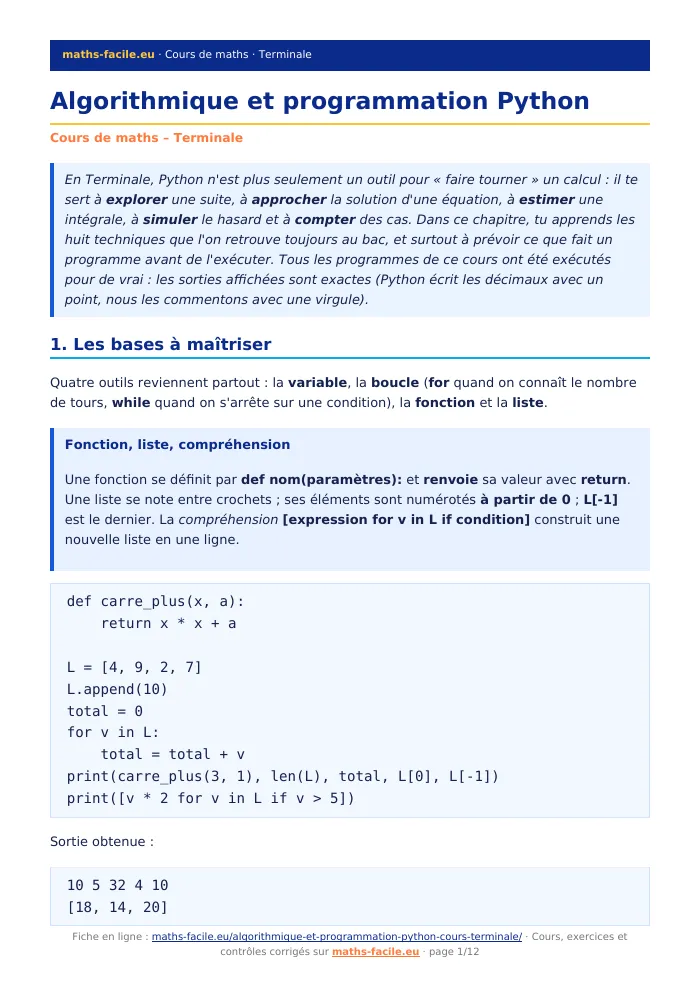 Fiche PDF : Algorithmique et programmation Python (Terminale)