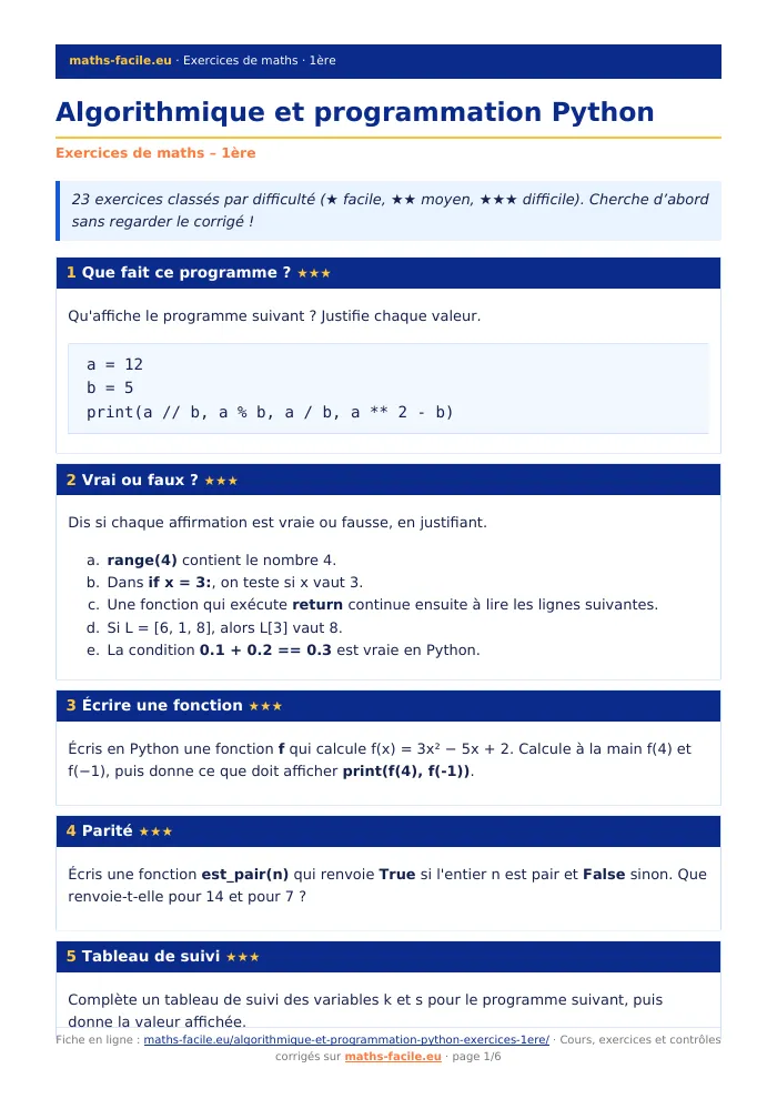 Fiche PDF : Algorithmique et programmation Python (1ère)