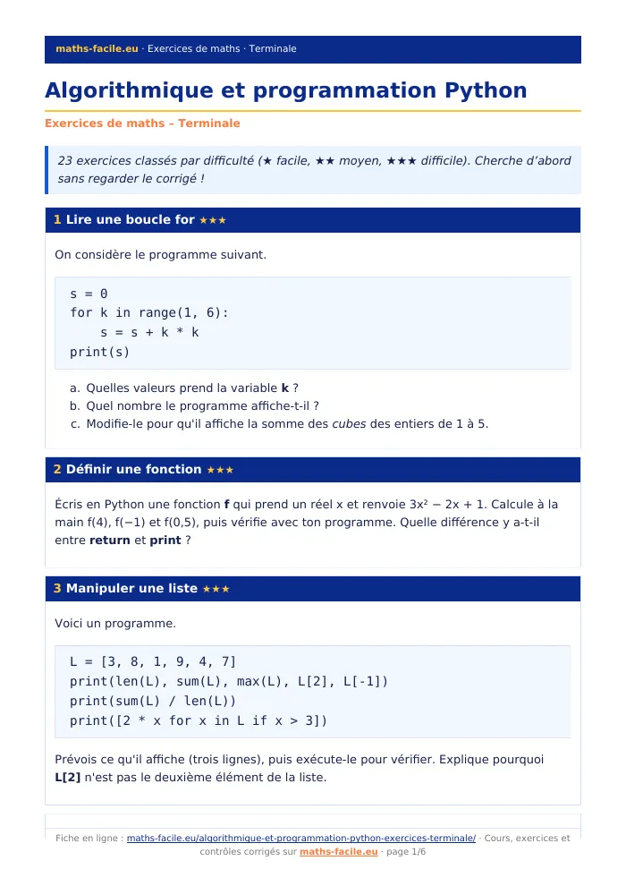 Fiche PDF : Algorithmique et programmation Python (Terminale)