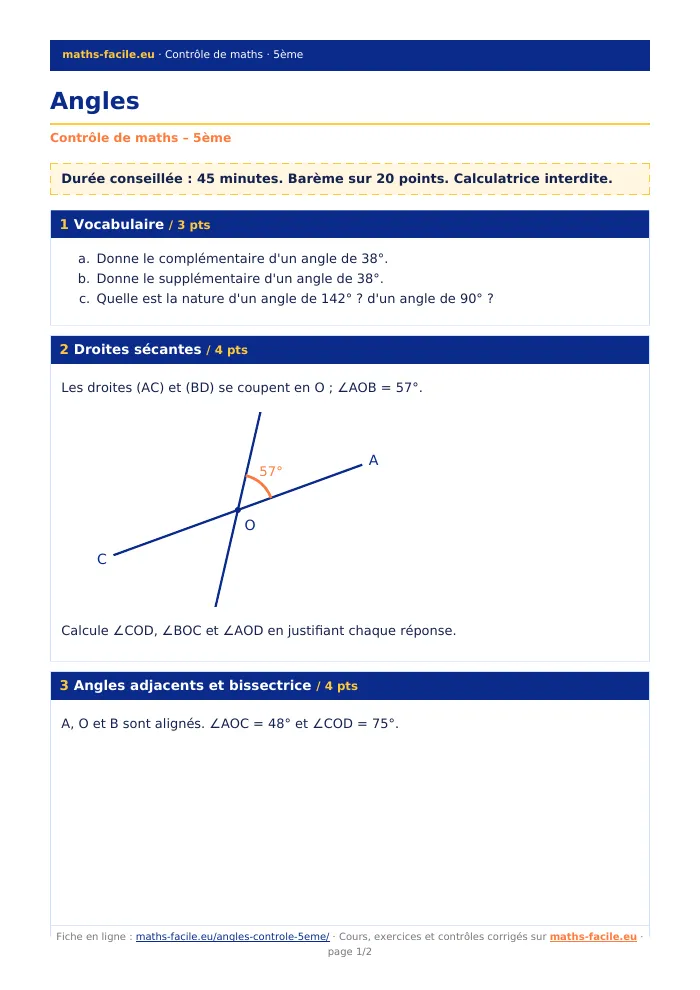 Fiche PDF : Angles (5ème)