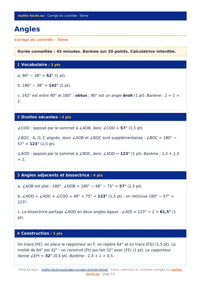 Fiche PDF : Angles (5ème)