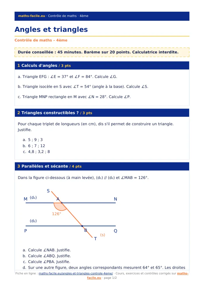 Fiche PDF : Angles et triangles (4ème)