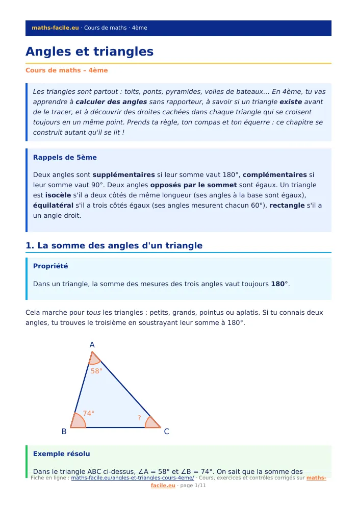 Fiche PDF : Angles et triangles (4ème)
