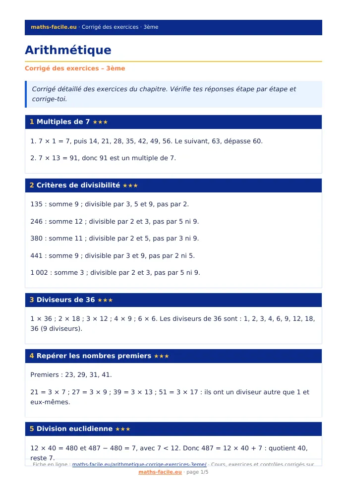 Fiche PDF : Arithmétique (3ème)