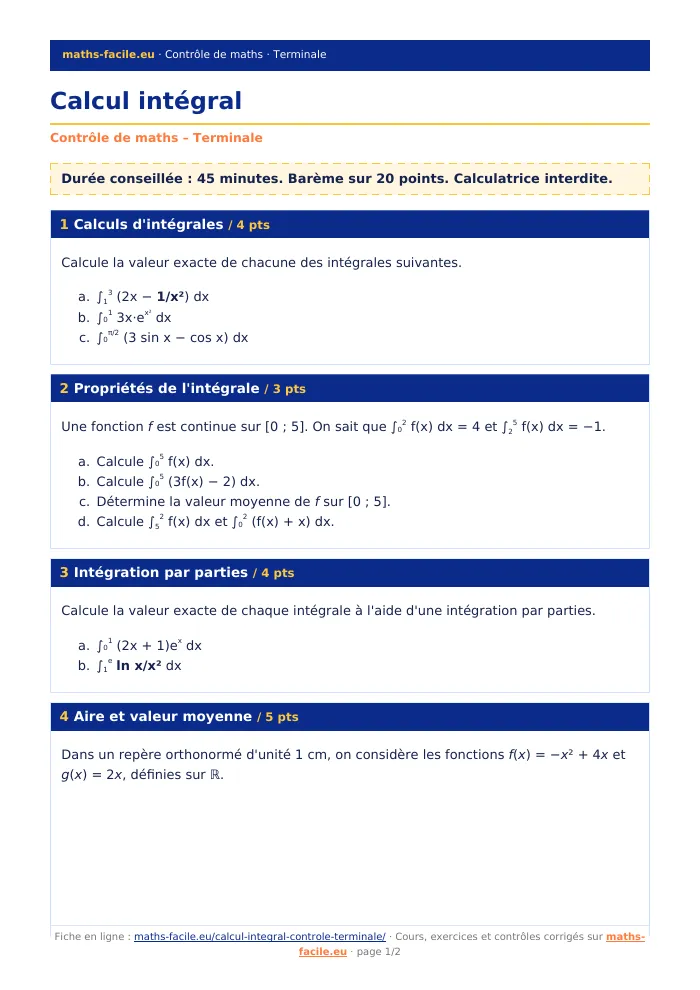 Fiche PDF : Calcul intégral (Terminale)