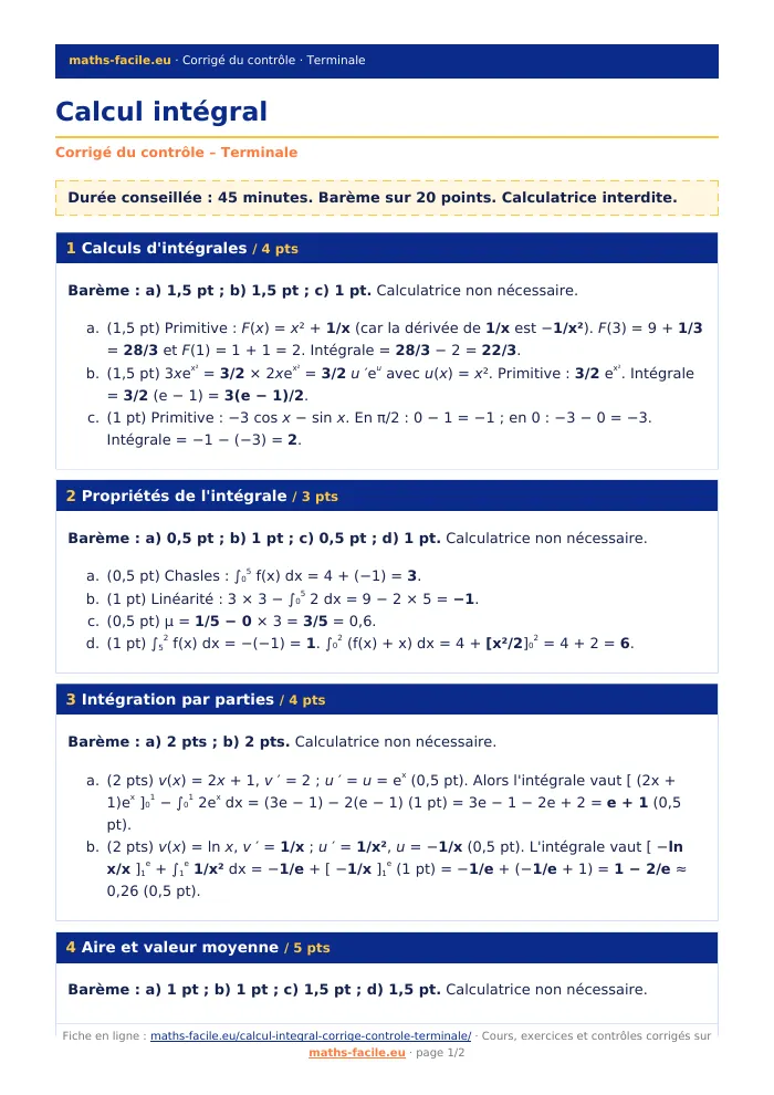 Fiche PDF : Calcul intégral (Terminale)