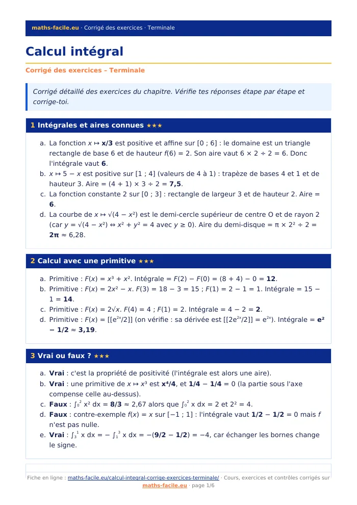 Fiche PDF : Calcul intégral (Terminale)