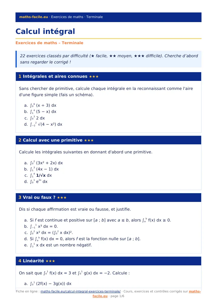 Fiche PDF : Calcul intégral (Terminale)