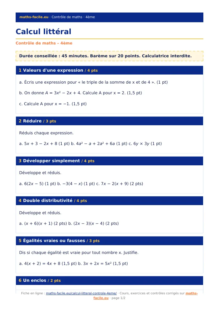 Fiche PDF : Calcul littéral (4ème)