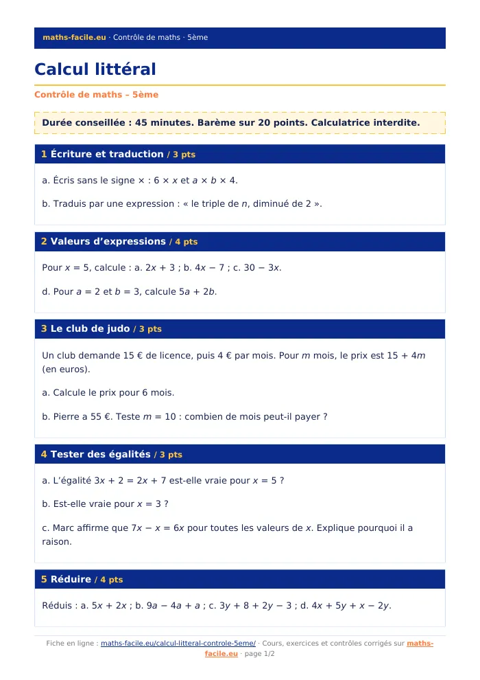 Fiche PDF : Calcul littéral (5ème)