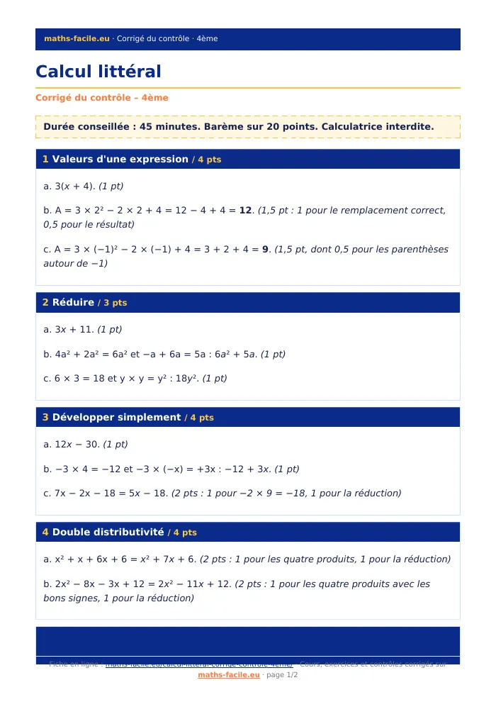 Fiche PDF : Calcul littéral (4ème)