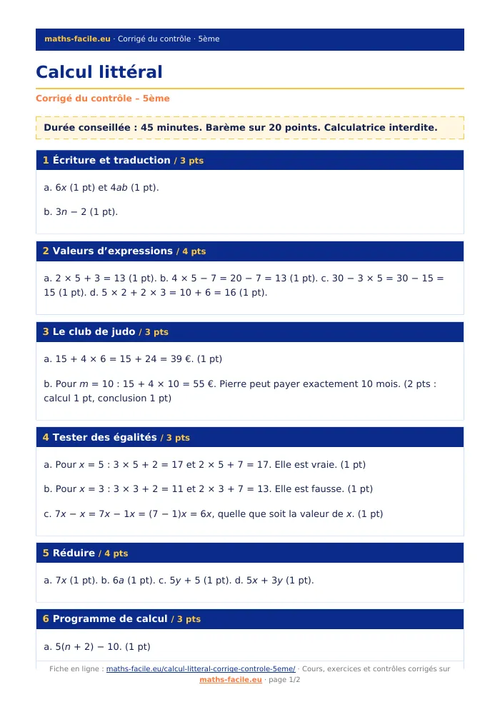 Fiche PDF : Calcul littéral (5ème)
