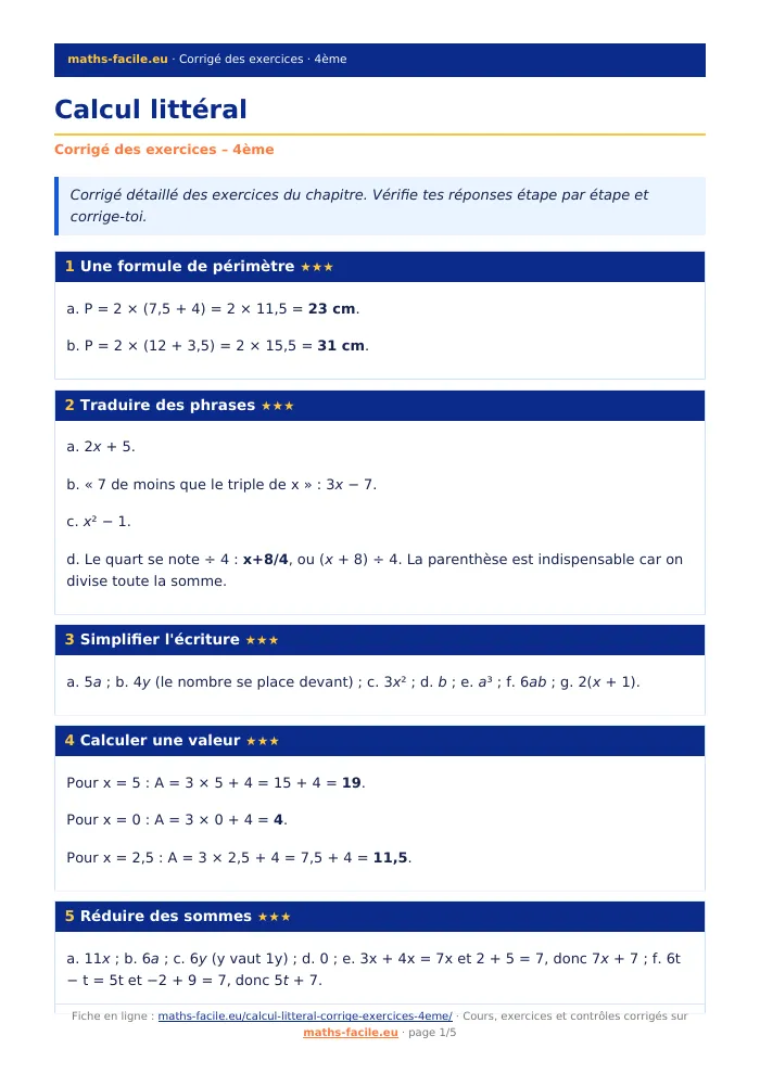 Fiche PDF : Calcul littéral (4ème)