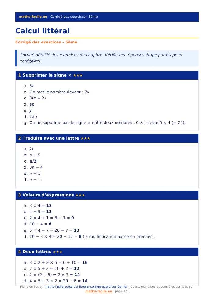 Fiche PDF : Calcul littéral (5ème)