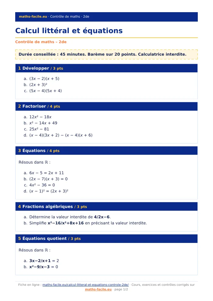 Fiche PDF : Calcul littéral et équations (2de)