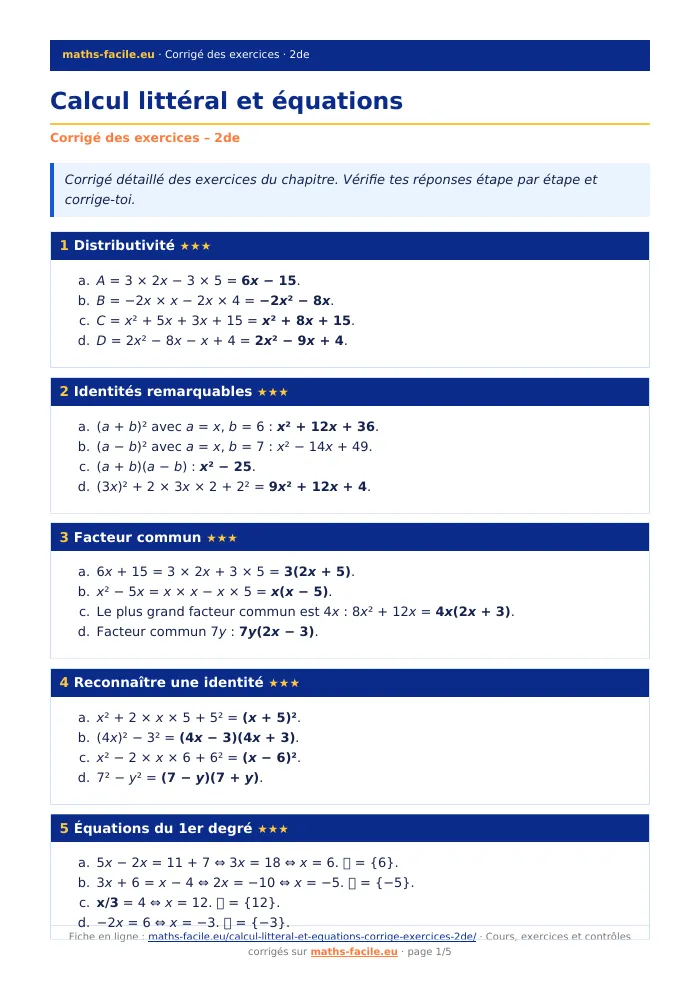 Fiche PDF : Calcul littéral et équations (2de)