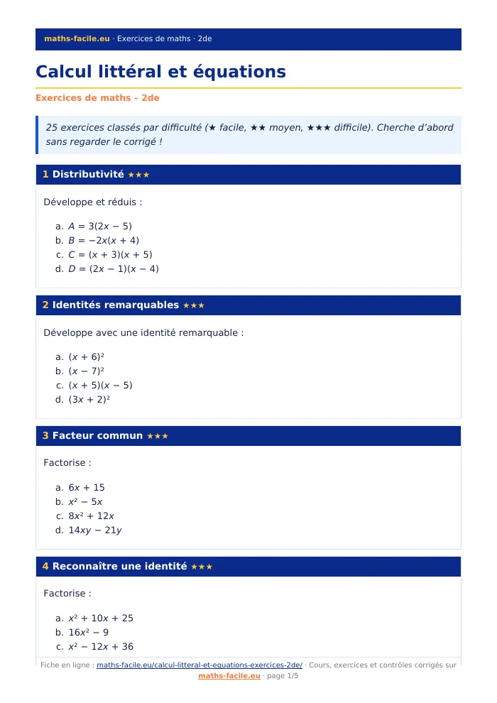 Fiche PDF : Calcul littéral et équations (2de)