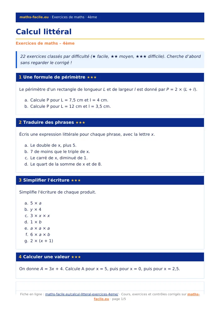 Fiche PDF : Calcul littéral (4ème)