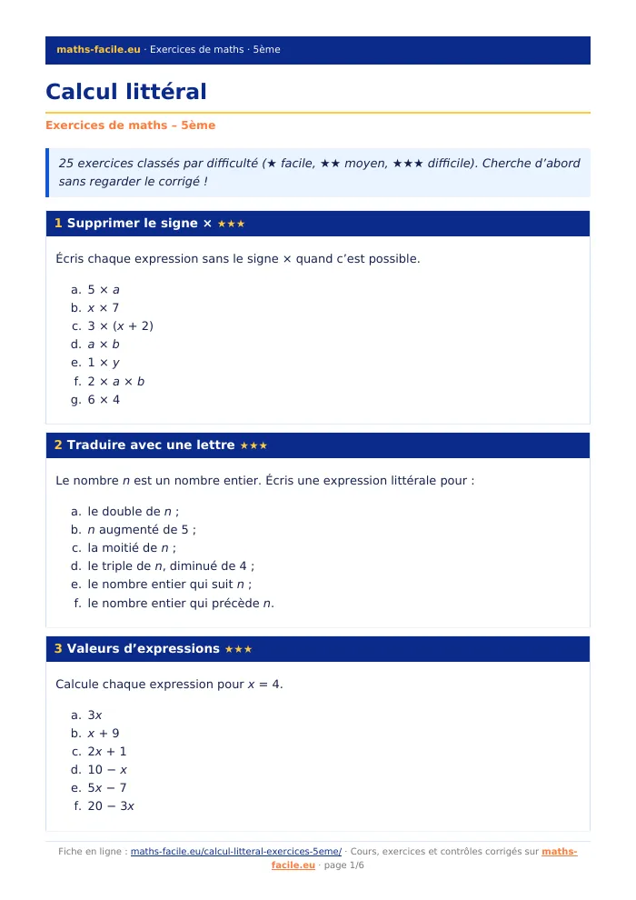 Fiche PDF : Calcul littéral (5ème)