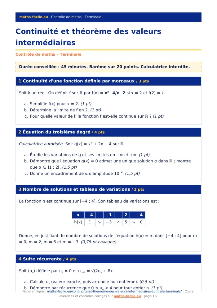 Fiche PDF : Continuité et théorème des valeurs intermédiaires (Terminale)