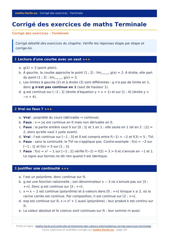 Fiche PDF : Continuité et théorème des valeurs intermédiaires (Terminale)