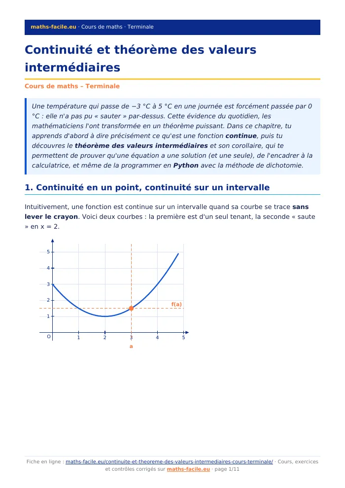 Fiche PDF : Continuité et théorème des valeurs intermédiaires (Terminale)