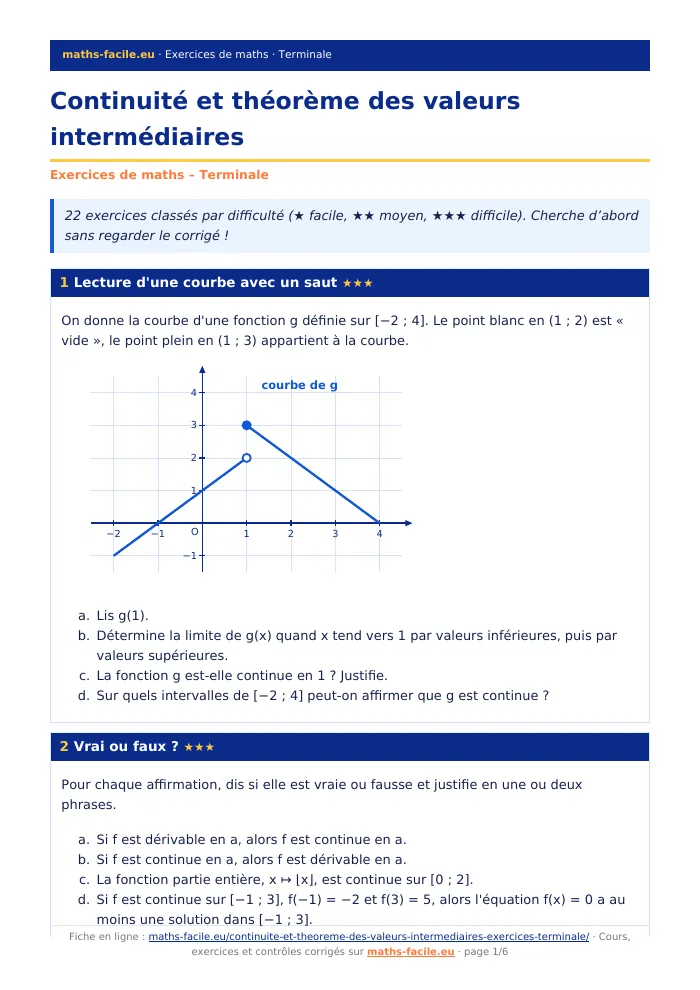 Fiche PDF : Continuité et théorème des valeurs intermédiaires (Terminale)