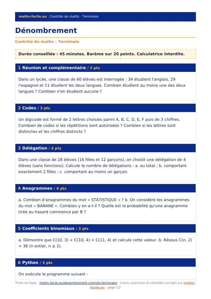 Fiche PDF : Dénombrement (Terminale)