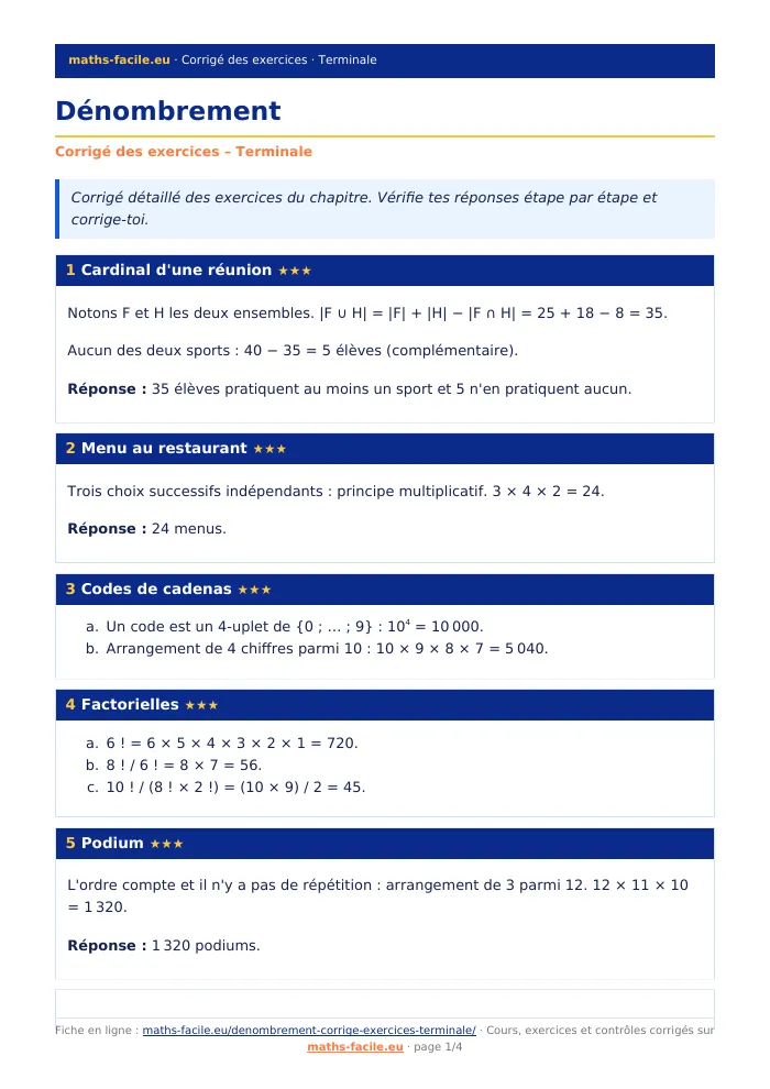 Fiche PDF : Dénombrement (Terminale)