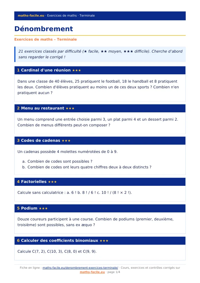 Fiche PDF : Dénombrement (Terminale)