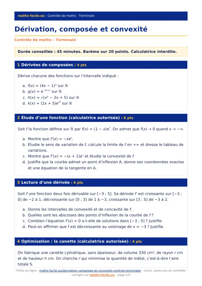 Fiche PDF : Dérivation, composée et convexité (Terminale)