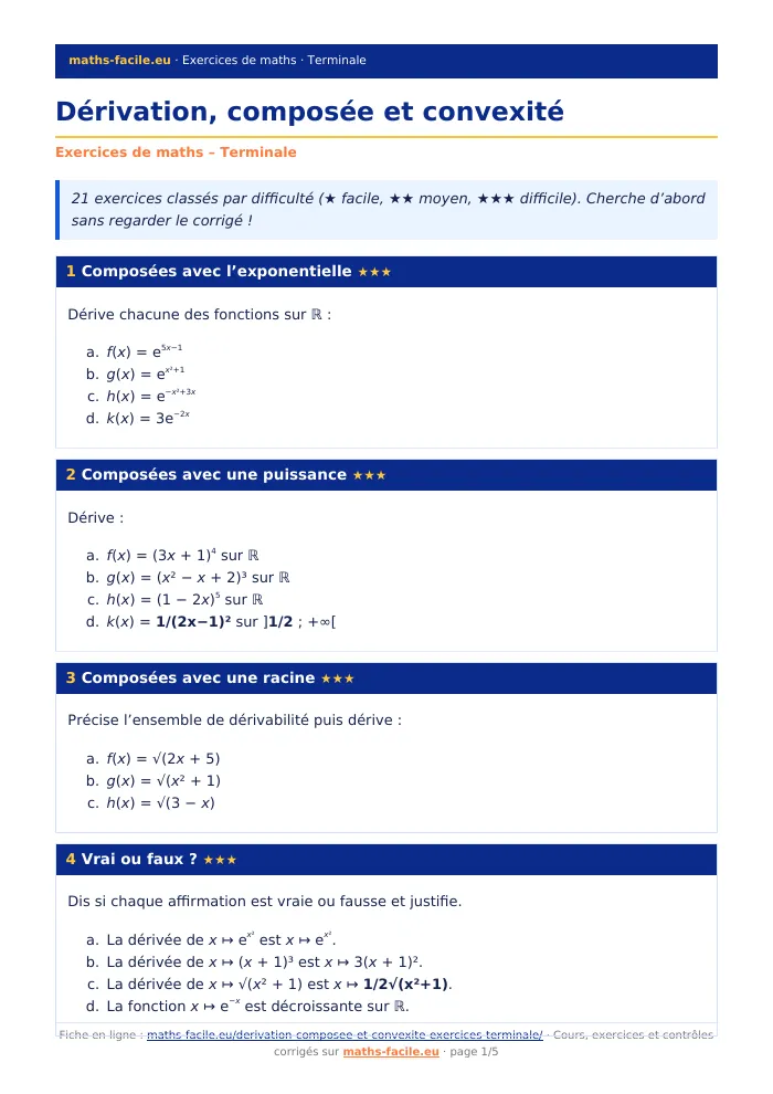 Fiche PDF : Dérivation, composée et convexité (Terminale)