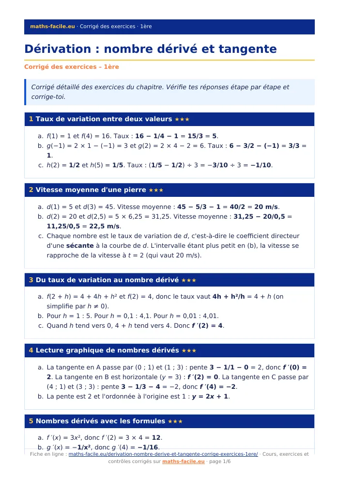 Fiche PDF : Dérivation : nombre dérivé et tangente (1ère)