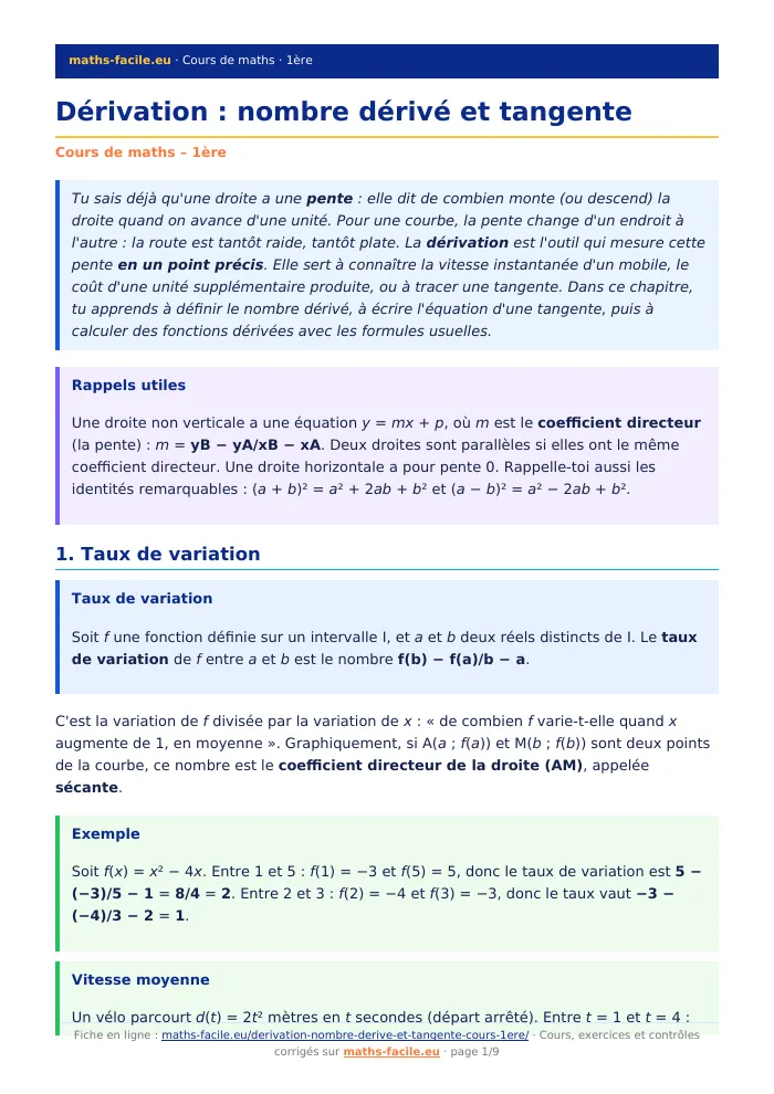 Fiche PDF : Dérivation : nombre dérivé et tangente (1ère)