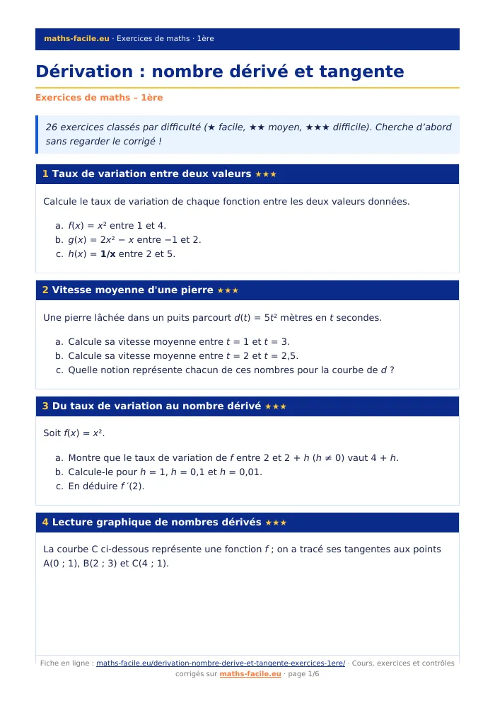 Fiche PDF : Dérivation : nombre dérivé et tangente (1ère)