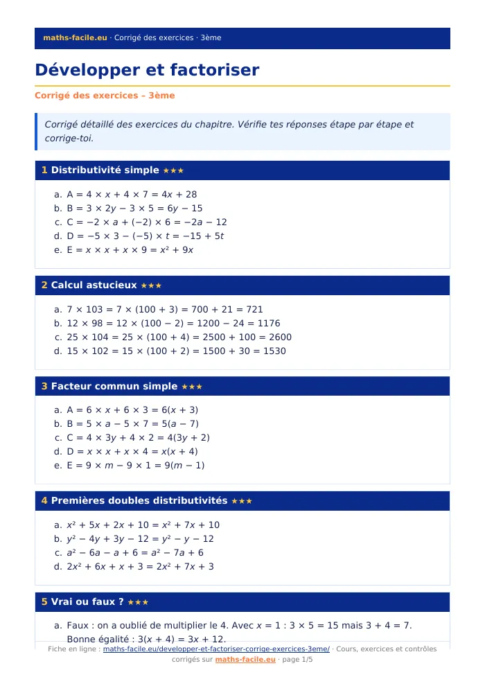 Fiche PDF : Développer et factoriser (3ème)