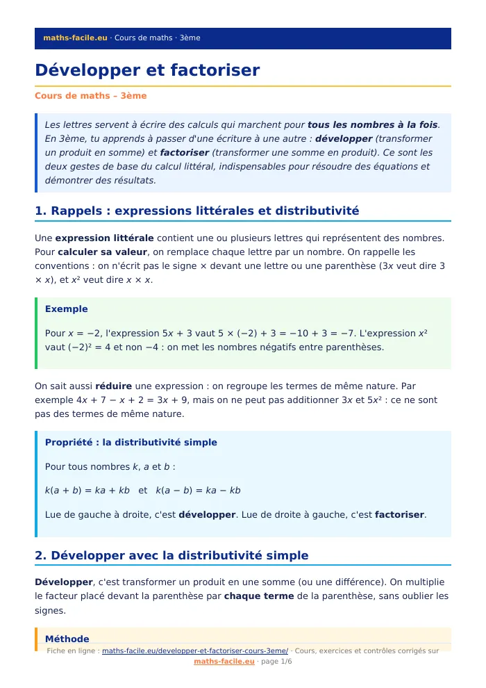 Fiche PDF : Développer et factoriser (3ème)