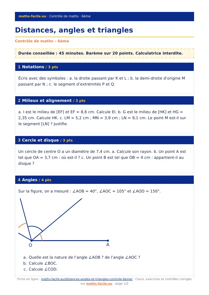 Fiche PDF : Distances, angles et triangles (6ème)