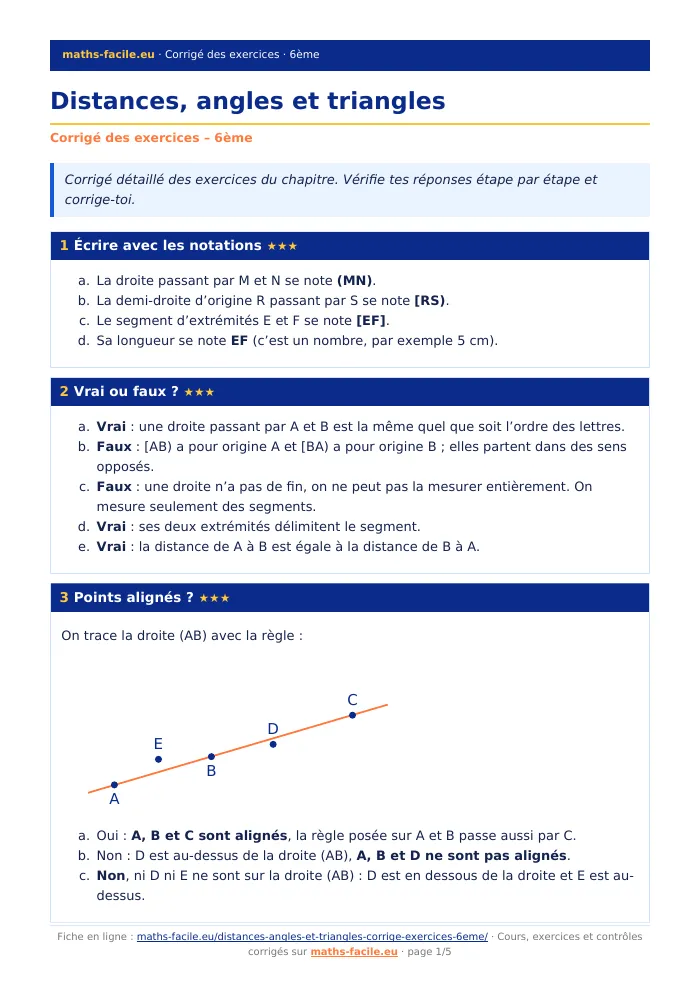 Fiche PDF : Distances, angles et triangles (6ème)