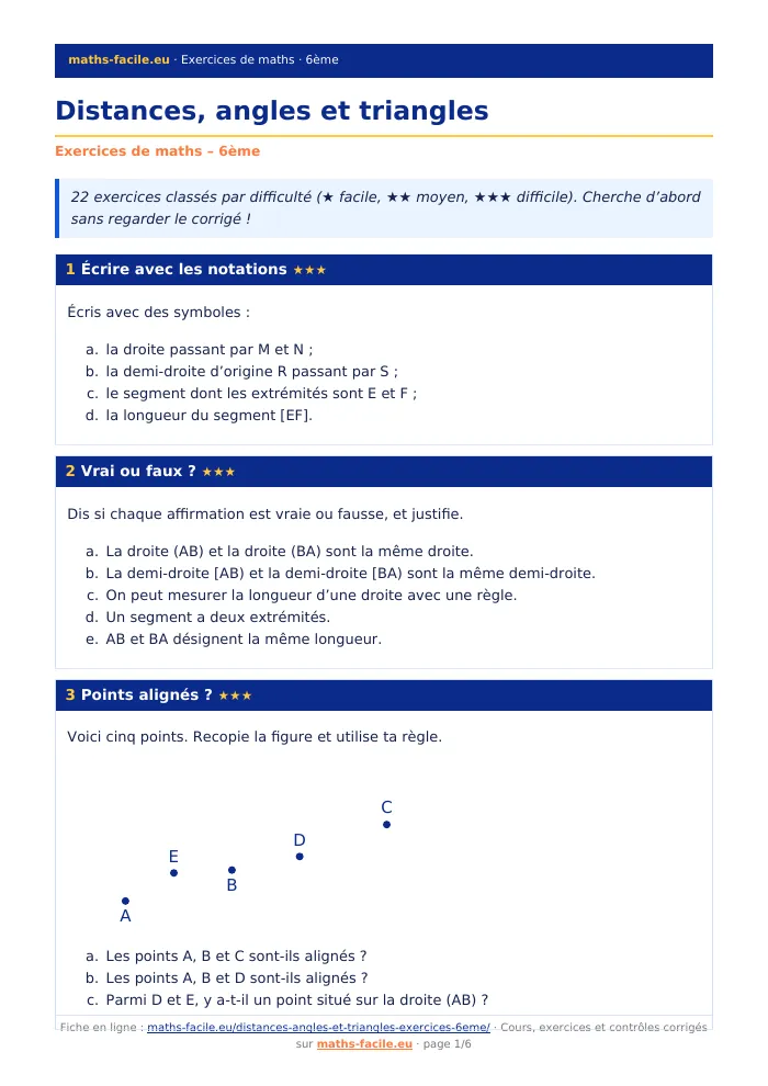 Fiche PDF : Distances, angles et triangles (6ème)
